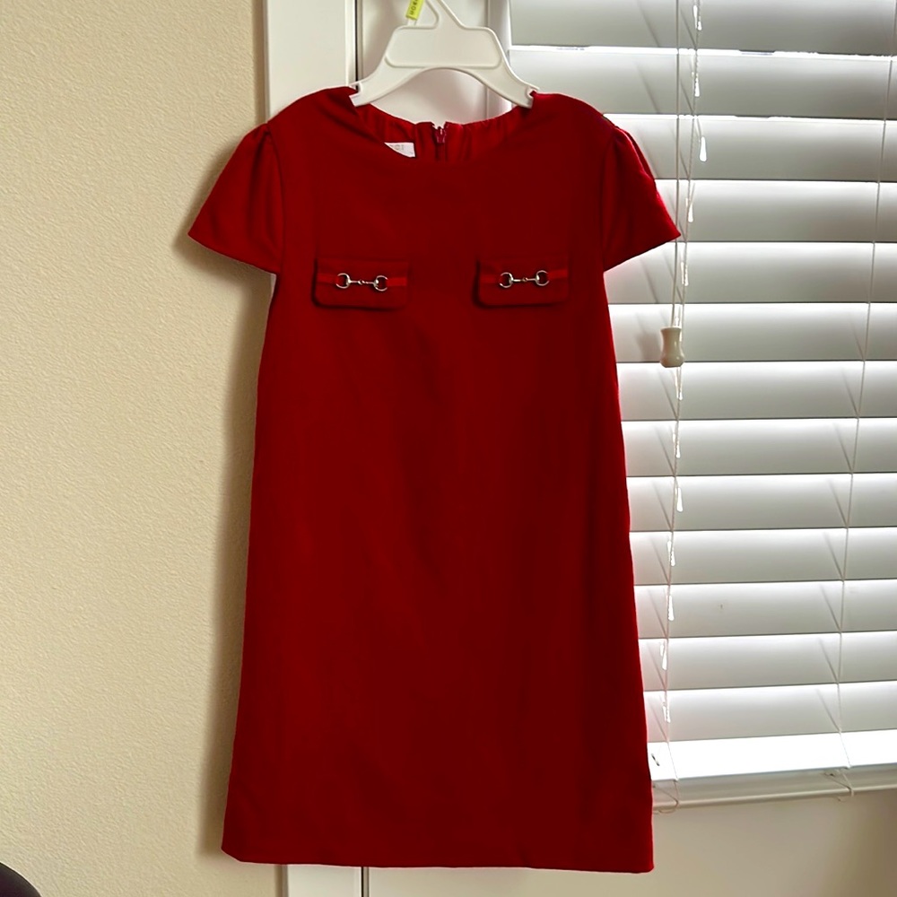 Gucci Red Girls' Short Sleeve Shift Dress with Horsebit Detail